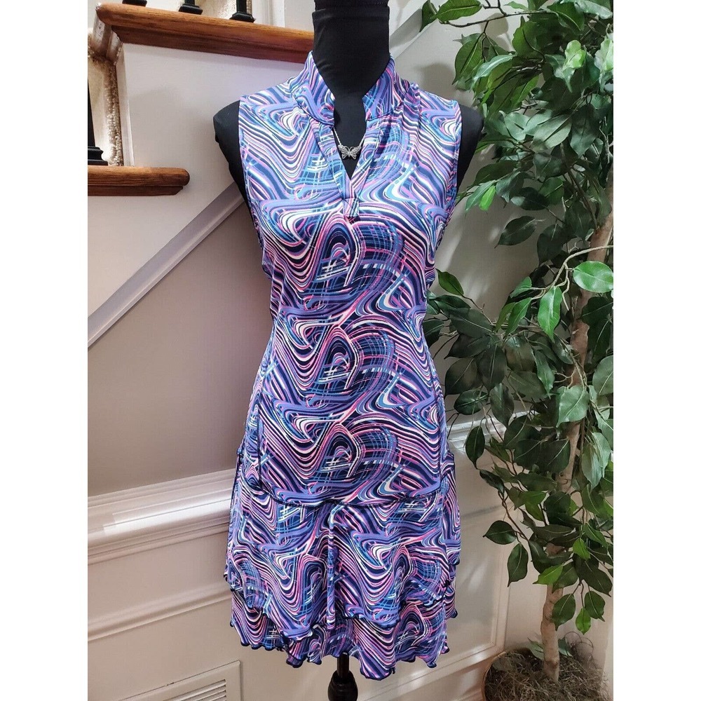 EA Multicolor Women's Nylon High Neck Sleeveless Ruffle Knee Length Dress Size 4